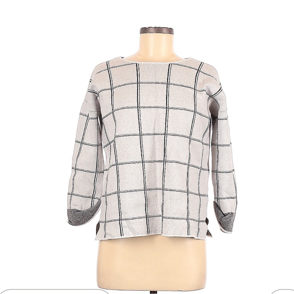 🌻 2/$10 Tahari Off-White Plaid/check windowpane 3/4 Sleeve Pullover Sweater